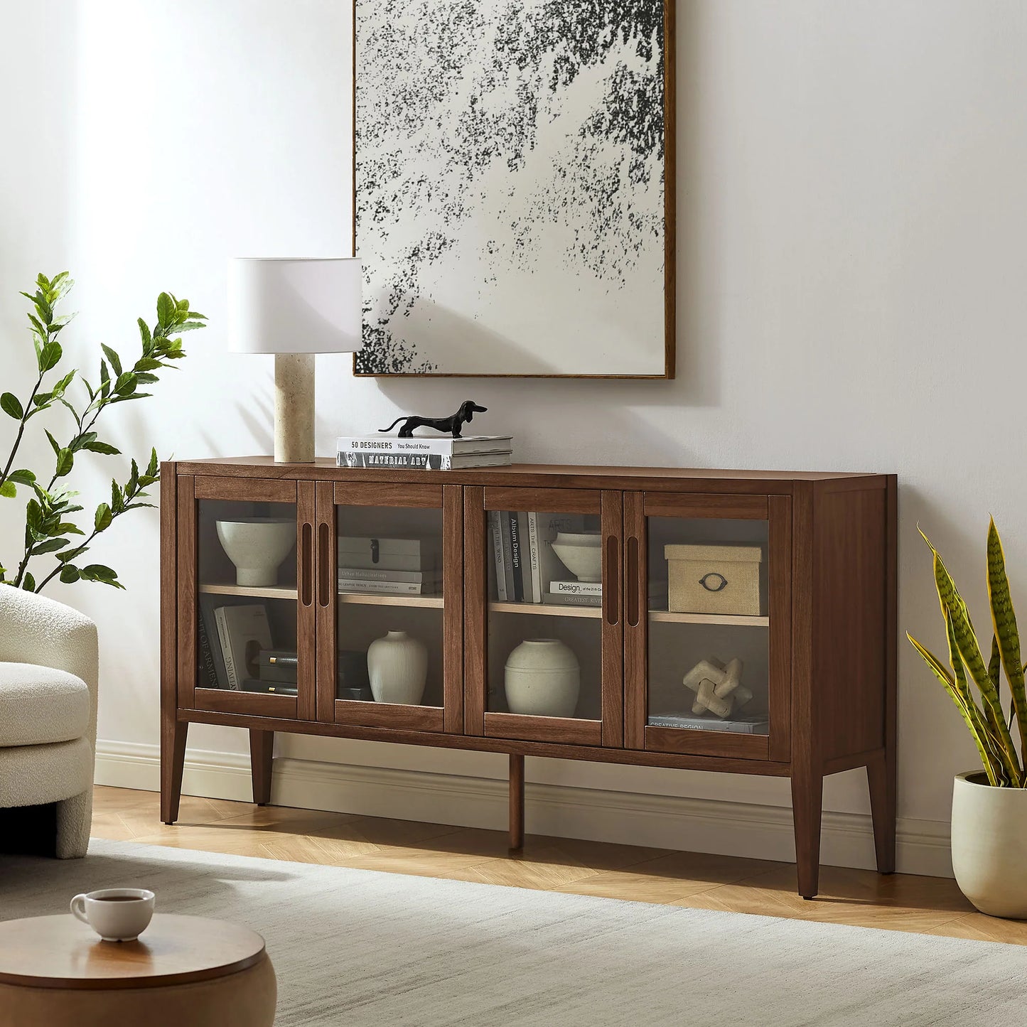 Nell Glass Door Sideboard Cabinet – 72" Walnut Finish with Ample Storage