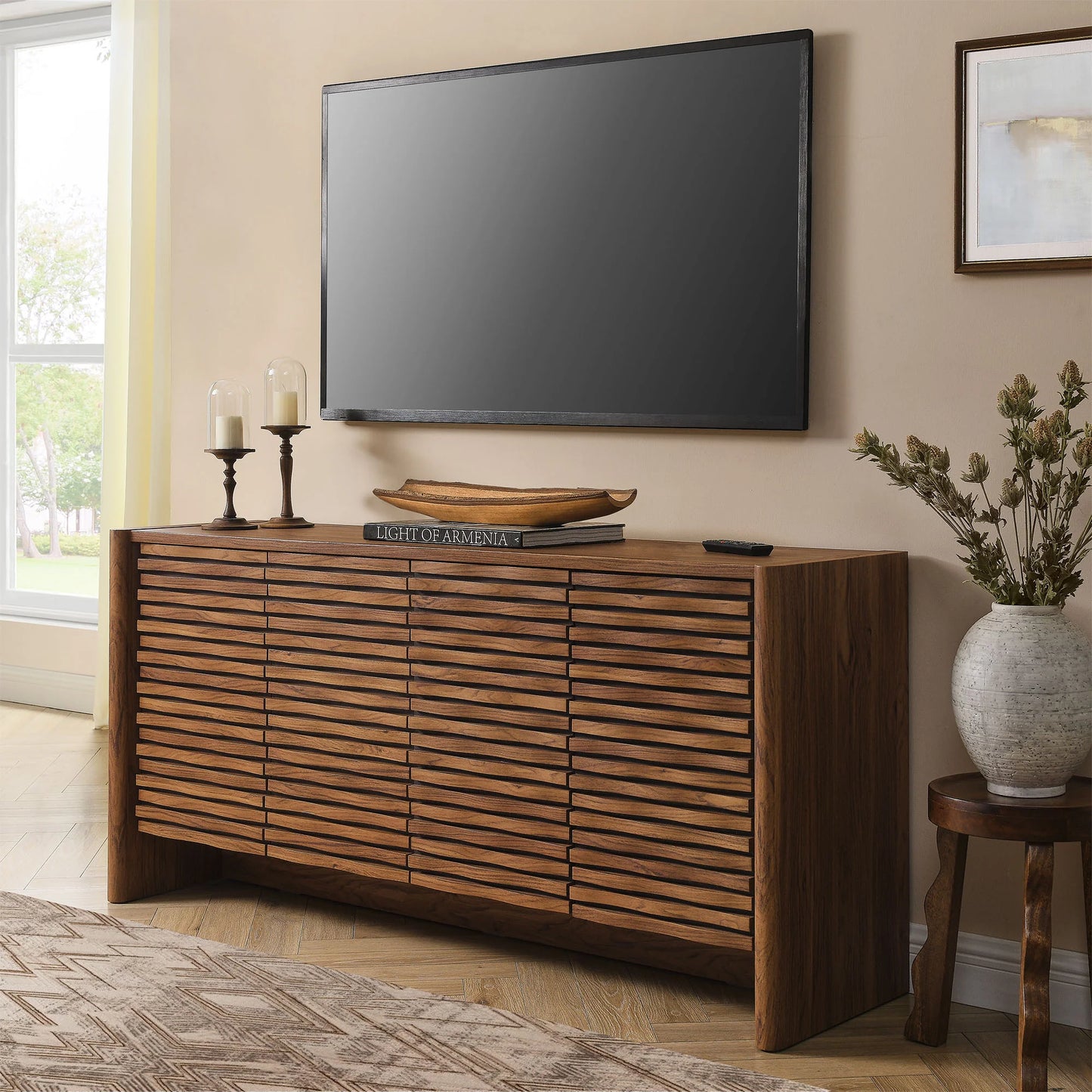 Emric Wave 66" 4-Door Sideboard in Walnut – Modern Curved Storage Cabinet
