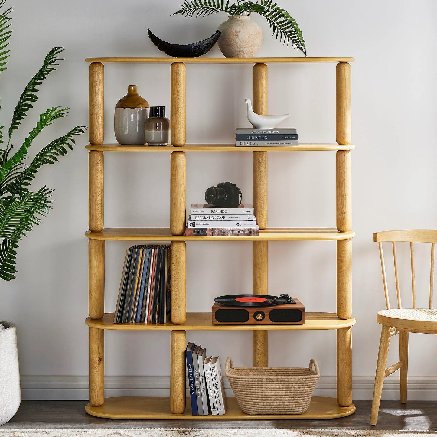 Arcus 4-Tier Oval Wood Bookshelf in Oak – Modern Open Shelf Display Unit