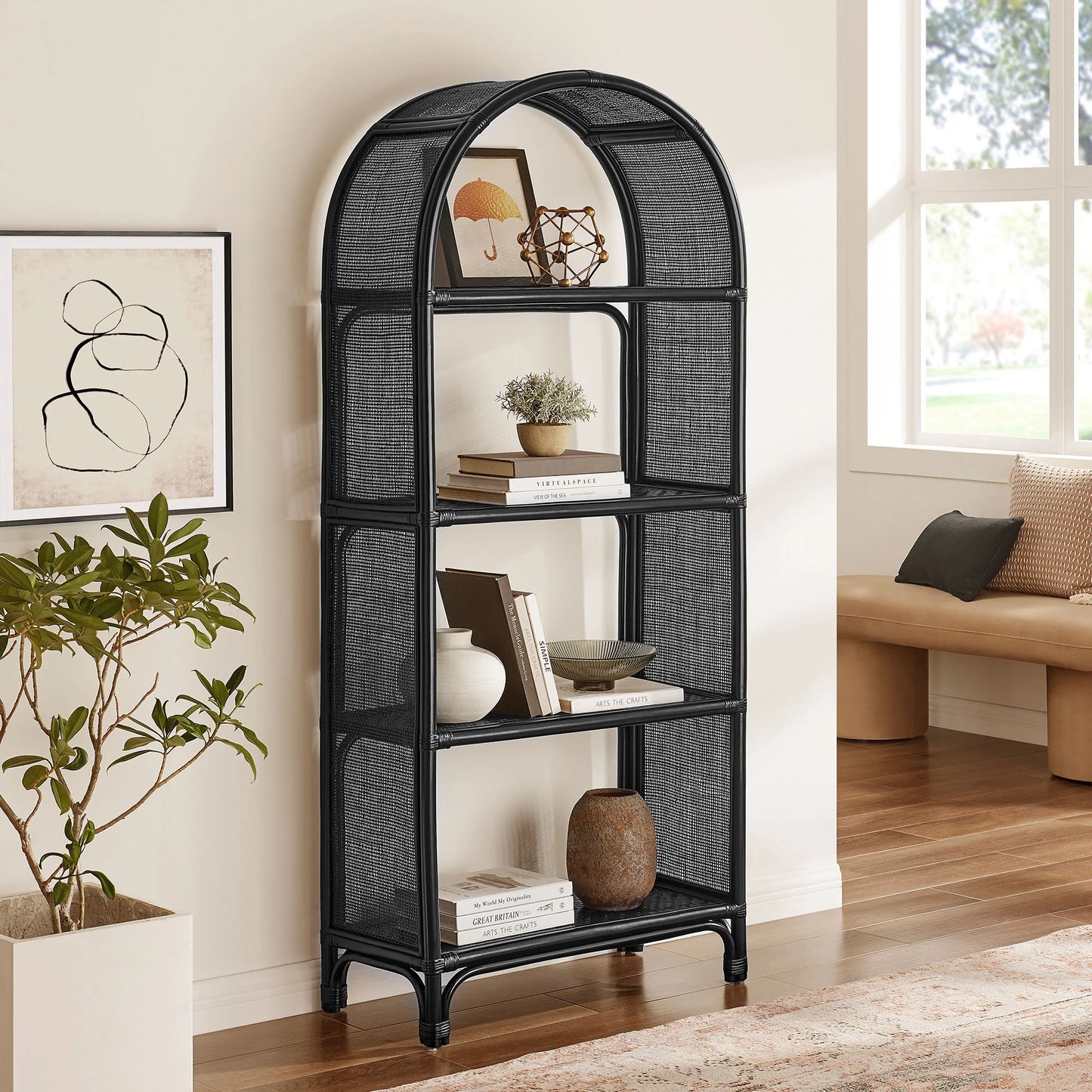 Celeste 67-Inch Tall Arched Natural Rattan Bookshelf – Boho Handwoven Storage Shelf