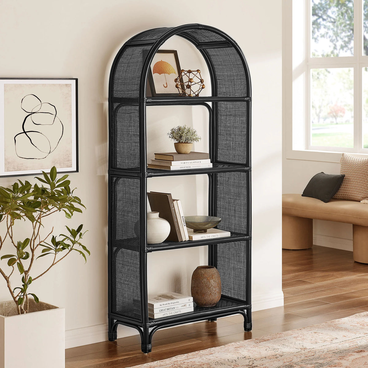 Celeste 67 Inch Tall Arched Natural Rattan Bookshelf
