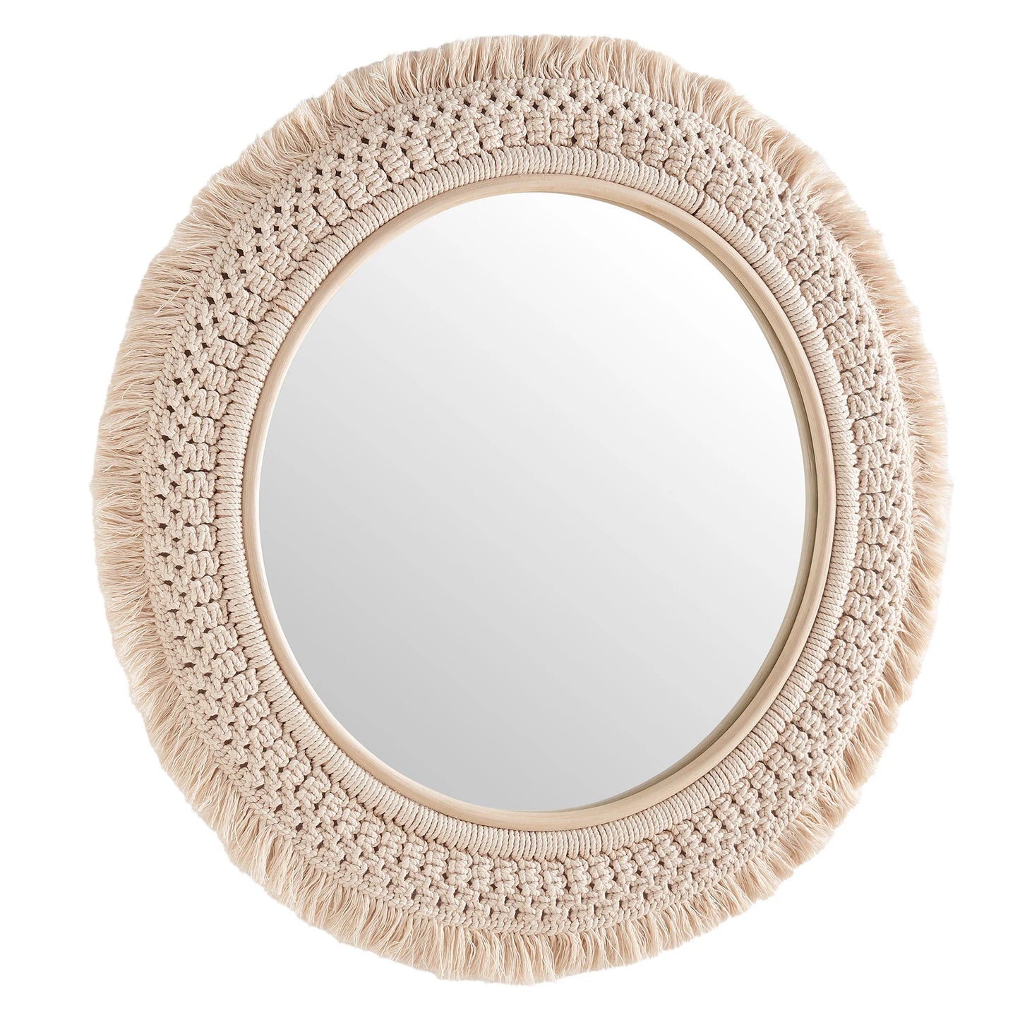 Jade Round Rattan Macramé Wall Mirror in Natural – Boho Accent Mirror with Handwoven Detailing