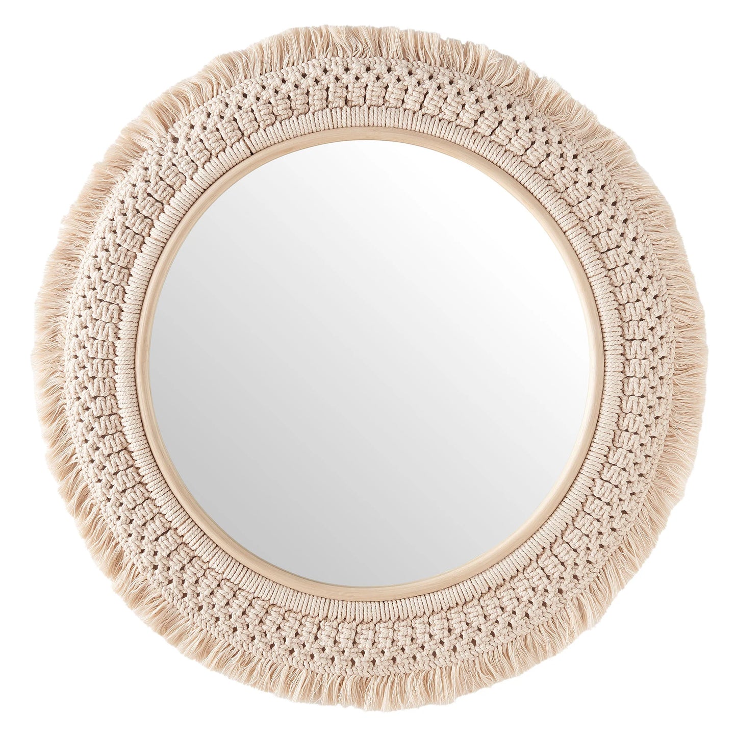 Jade Round Rattan Macramé Wall Mirror in Natural – Boho Accent Mirror with Handwoven Detailing