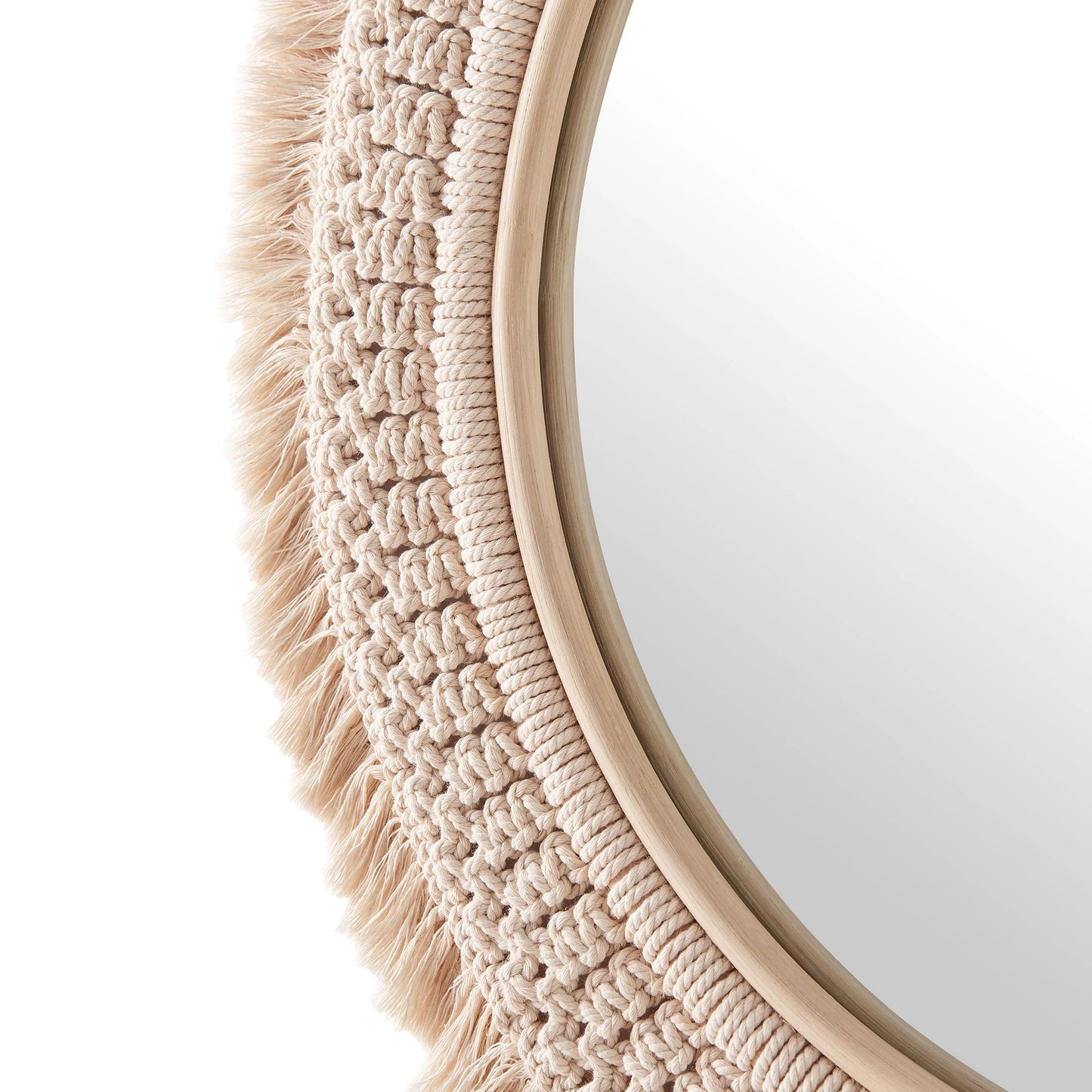 Jade Round Rattan Macramé Wall Mirror in Natural – Boho Accent Mirror with Handwoven Detailing