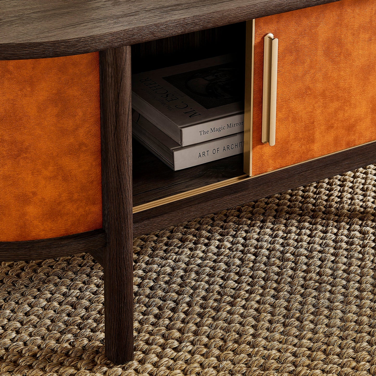 Coralie Curved Vegan Leather Oval Coffee Table in Walnut Tan – Modern Living Room Accent