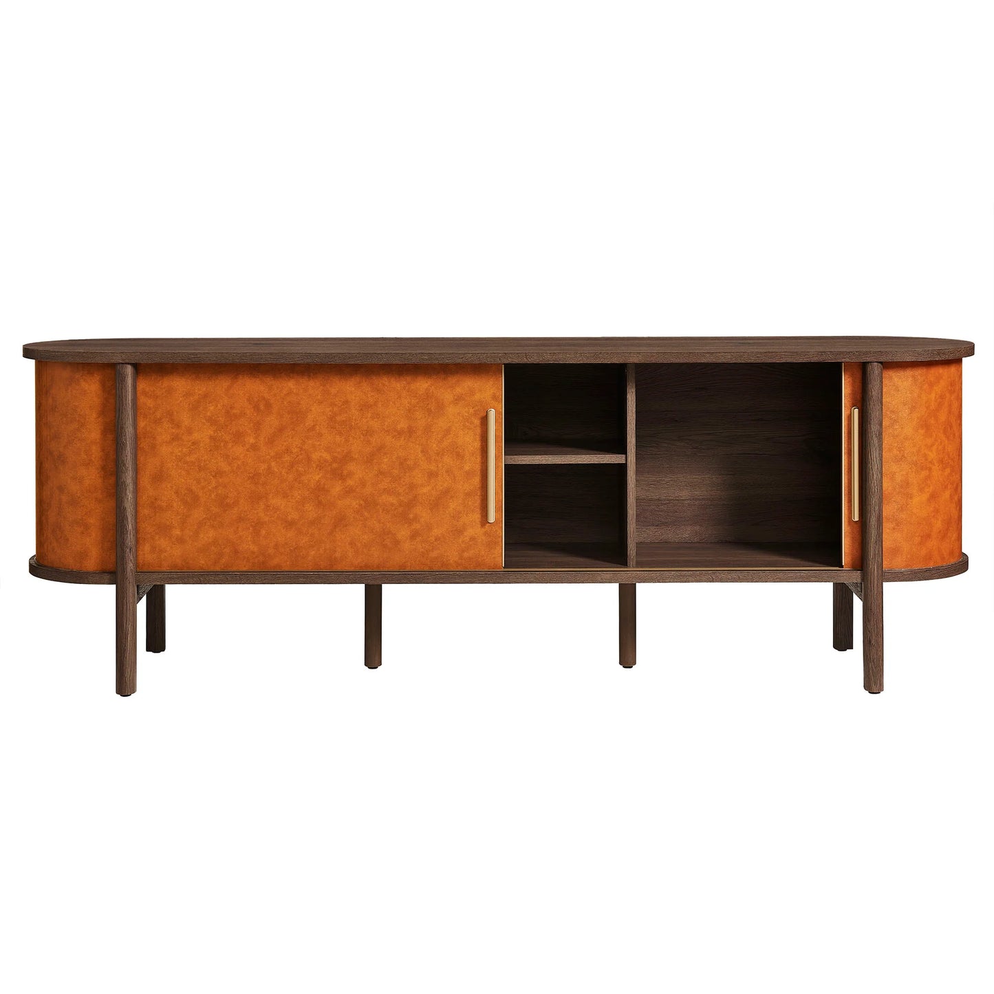 Coralie Curved 71" Vegan Leather Oval TV Stand in Walnut Tan – Modern Media Console