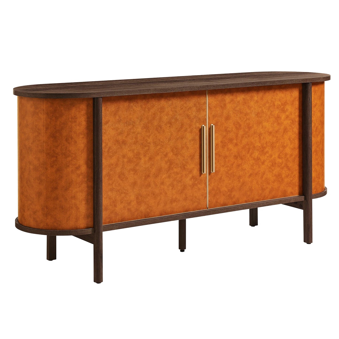 Coralie Curved Vegan Leather Oval Sideboard in Walnut Tan – Elegant Storage Cabinet