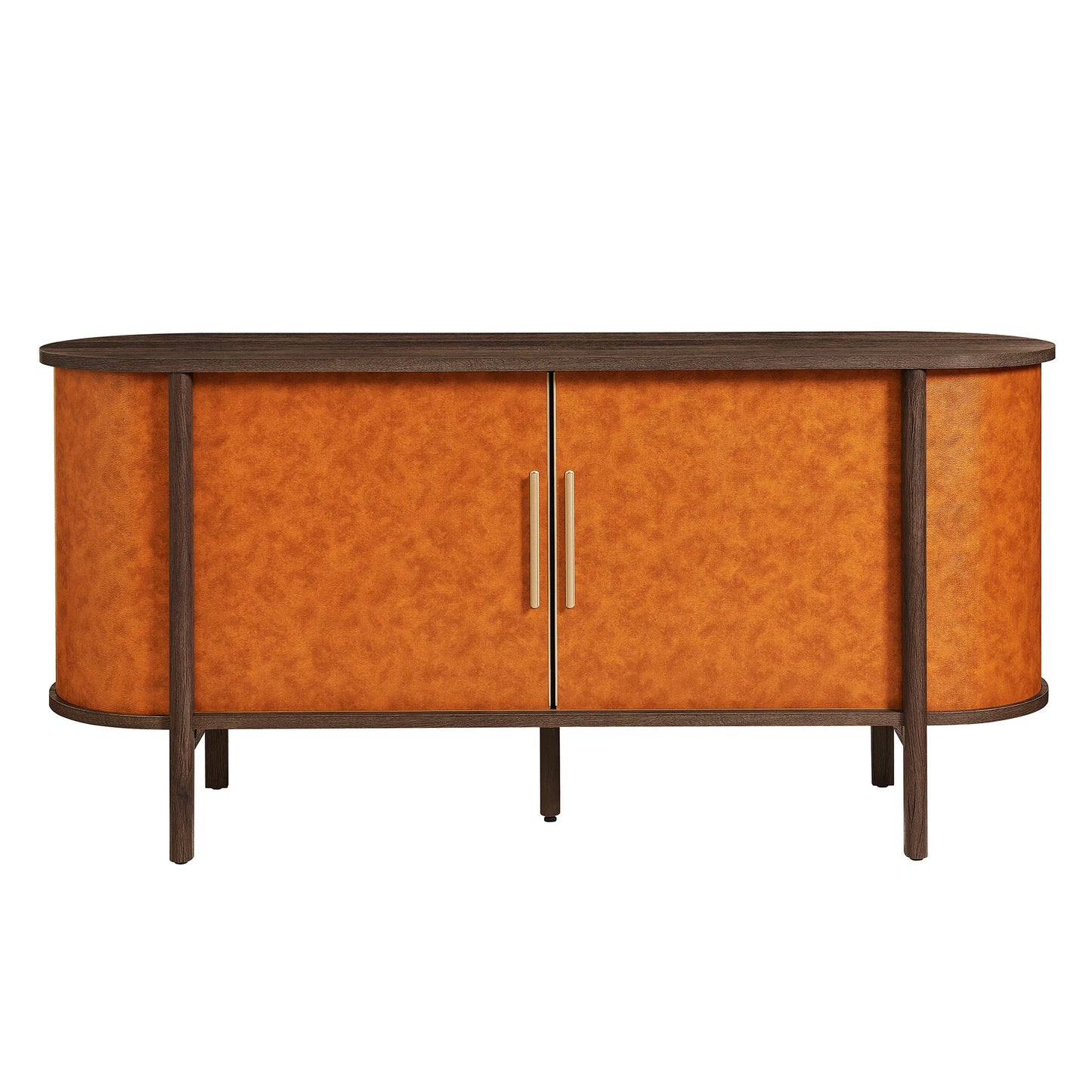 Coralie Curved Vegan Leather Oval Sideboard in Walnut Tan – Elegant Storage Cabinet