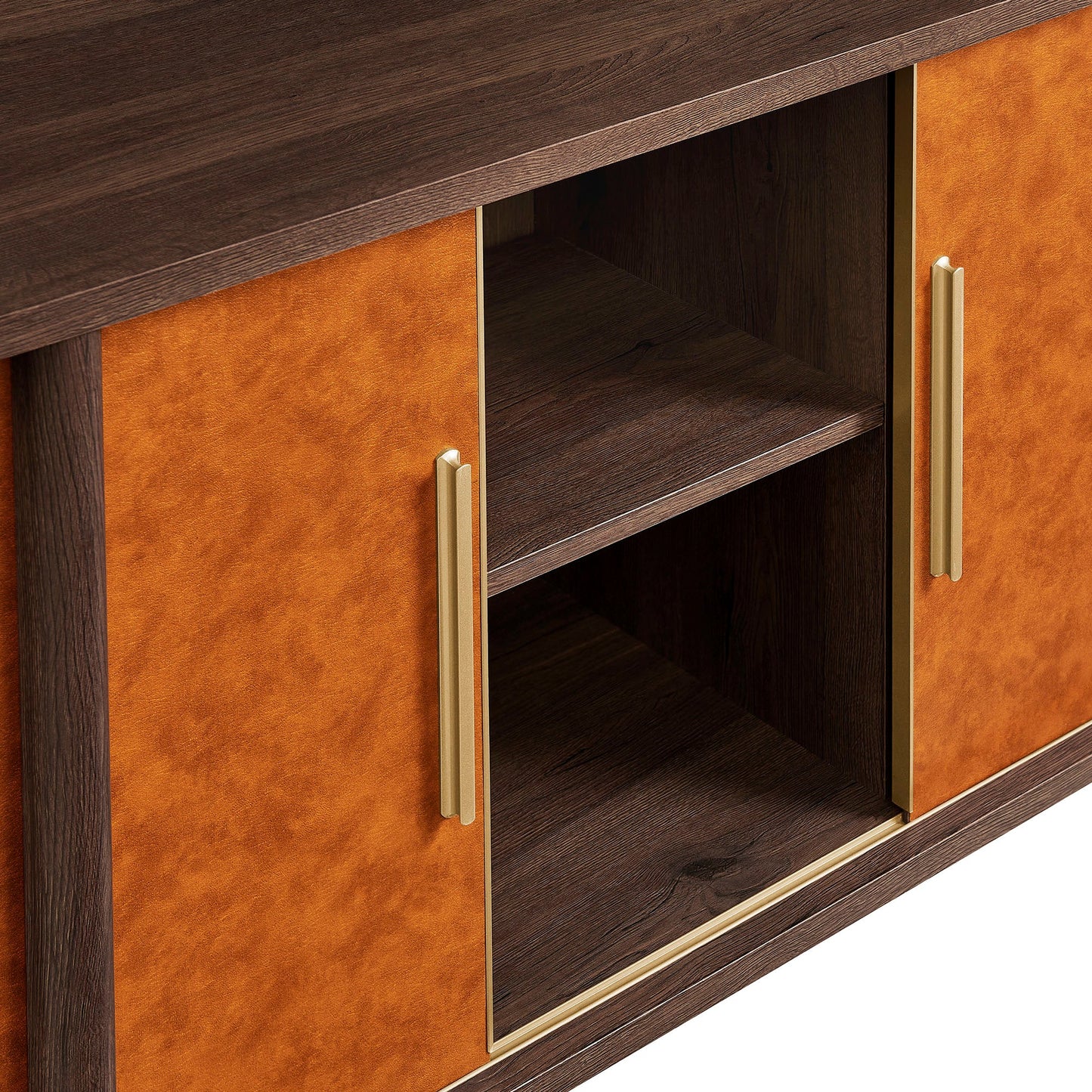 Coralie Curved Vegan Leather Oval Sideboard in Walnut Tan – Elegant Storage Cabinet