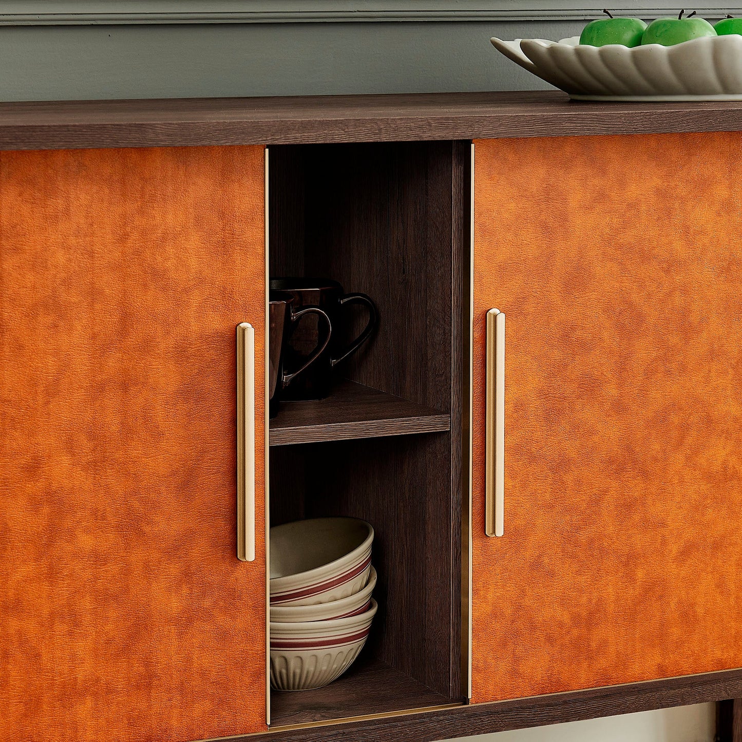 Coralie Curved Vegan Leather Oval Sideboard in Walnut Tan – Elegant Storage Cabinet