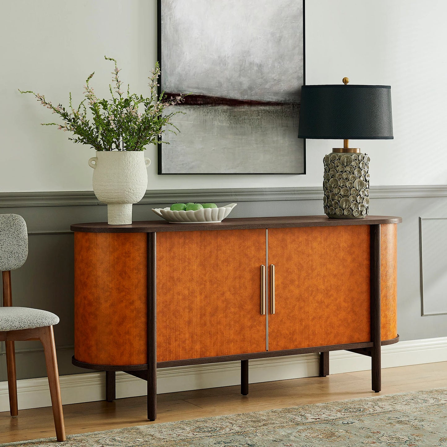 Coralie Curved Vegan Leather Oval Sideboard in Walnut Tan – Elegant Storage Cabinet