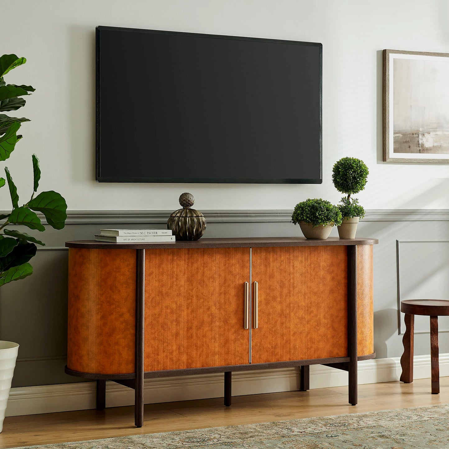 Coralie Curved Vegan Leather Oval Sideboard in Walnut Tan – Elegant Storage Cabinet