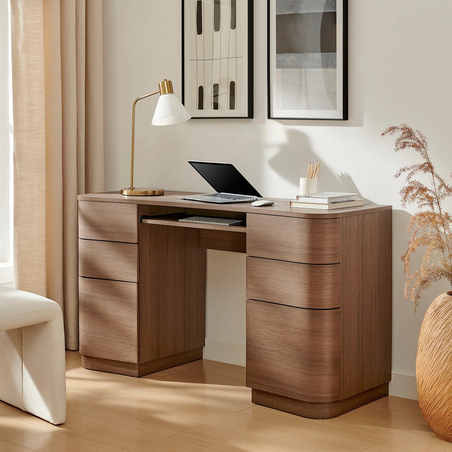 Mirae 55'' Curved Office Desk – Modern 6-Drawer Executive Workstation