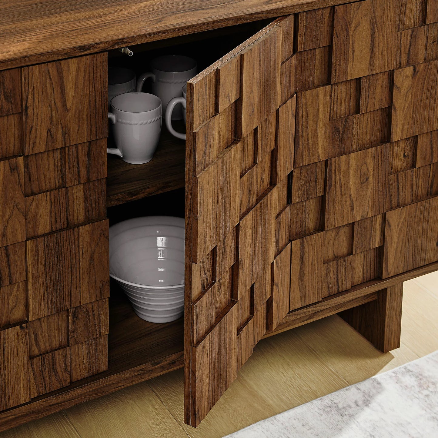 Owen 59" Geometric Sideboard in Walnut – 4-Door Modern Storage Cabinet