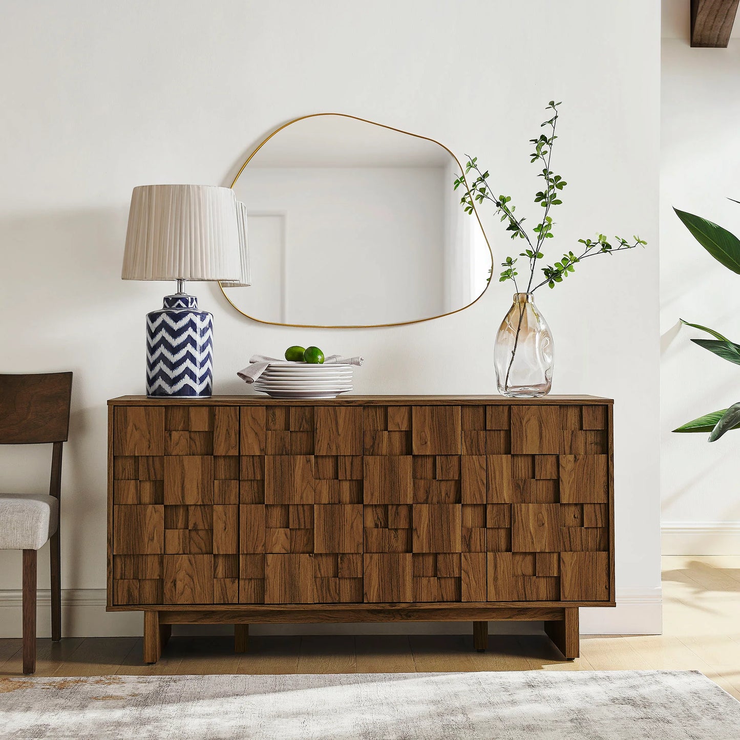 Owen 59" Geometric Sideboard in Walnut – 4-Door Modern Storage Cabinet