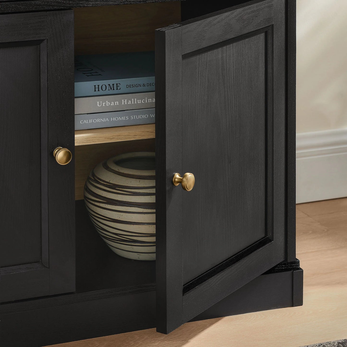 Amara 79-Inch Black Oak Storage Display Cabinet – Large Modern Cabinet with Shelves & Doors