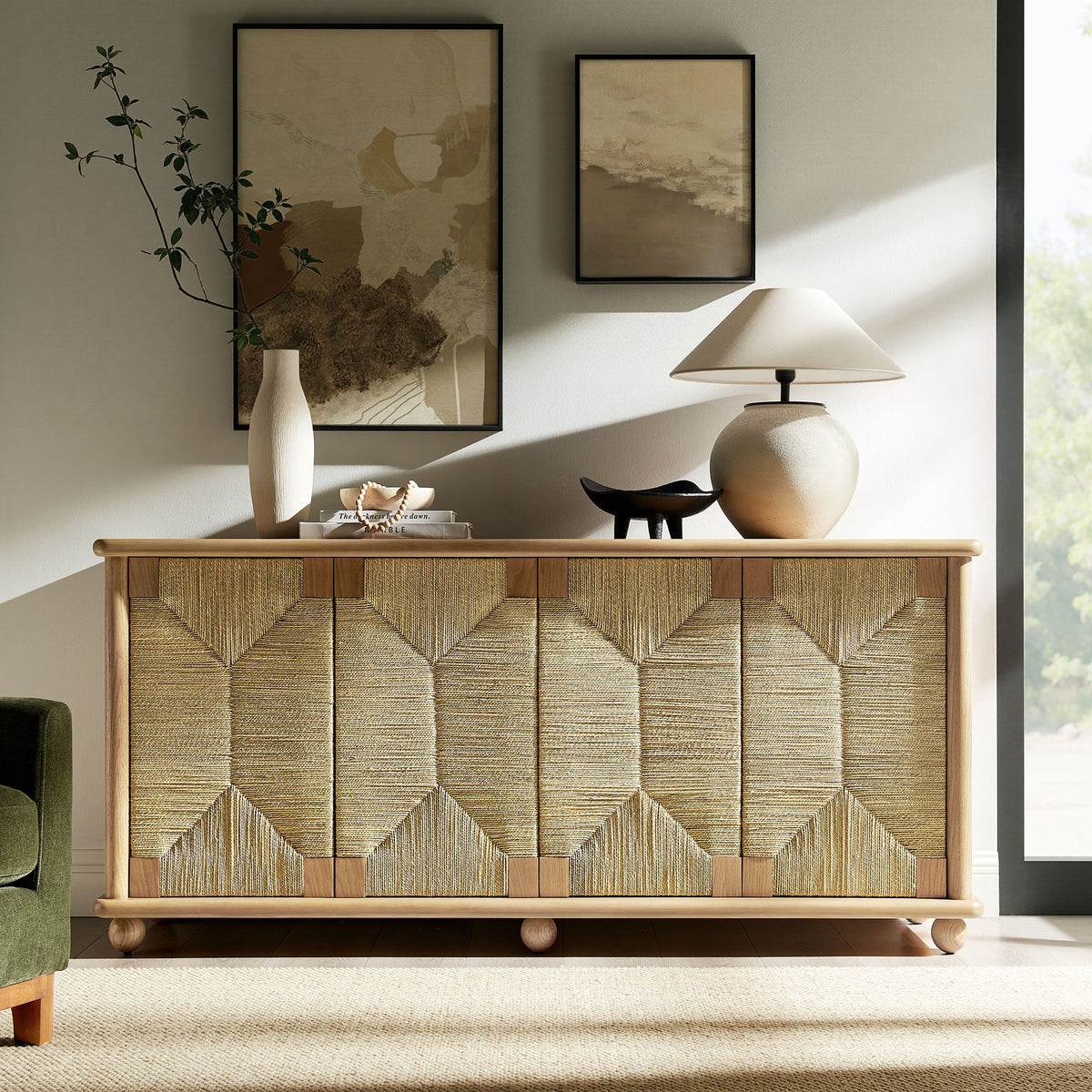 Marola 71 Inch Oak Wood Seagrass Sideboard in Oak