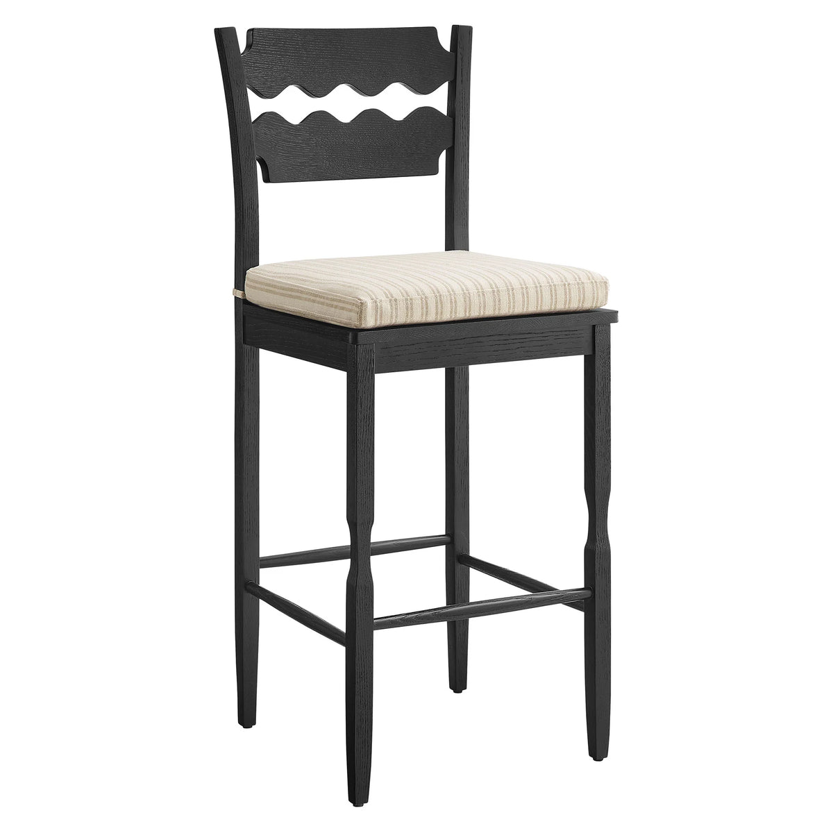 Jax Oak Wood Bar Stool With Wavy Razor Back and Cushion