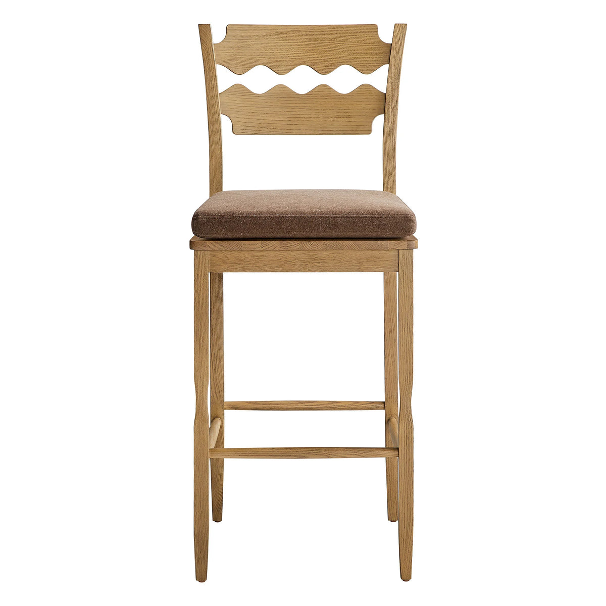 Jax Oak Wood Bar Stool With Wavy Razor Back and Cushion