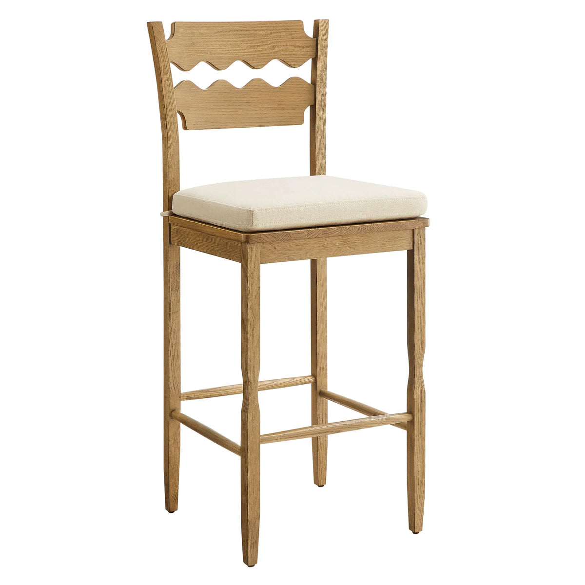 Jax Oak Wood Bar Stool With Wavy Razor Back and Cushion