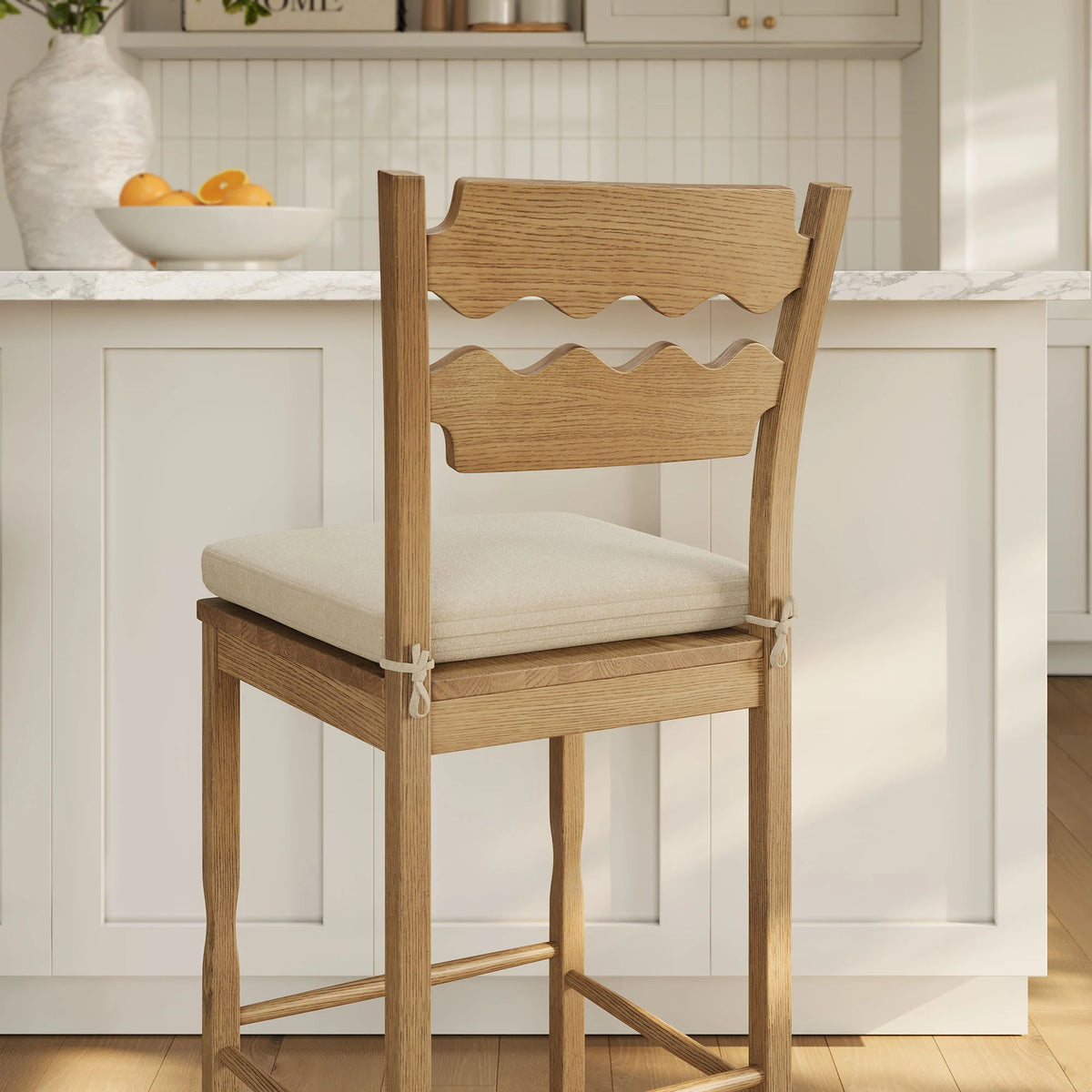 Jax Oak Wood Bar Stool With Wavy Razor Back and Cushion