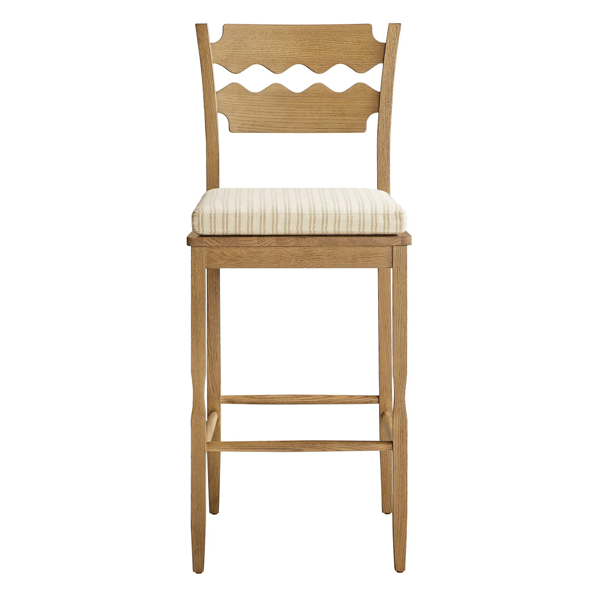 Jax Oak Wood Bar Stool With Wavy Razor Back and Cushion