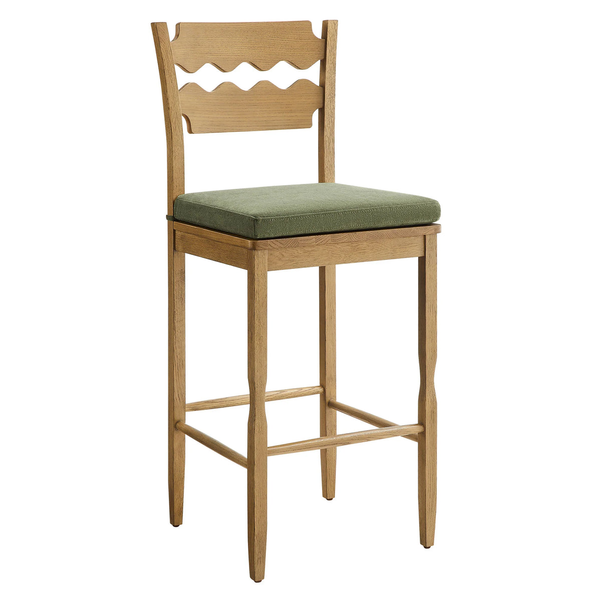 Jax Oak Wood Bar Stool With Wavy Razor Back and Cushion