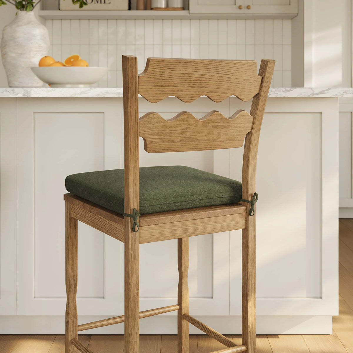 Jax Oak Wood Bar Stool With Wavy Razor Back and Cushion