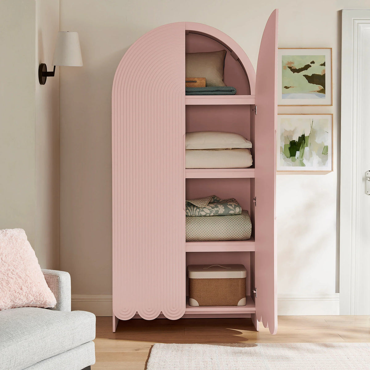 Dahlia 78 Inch Fluted and Scalloped Arched Storage Cabinet