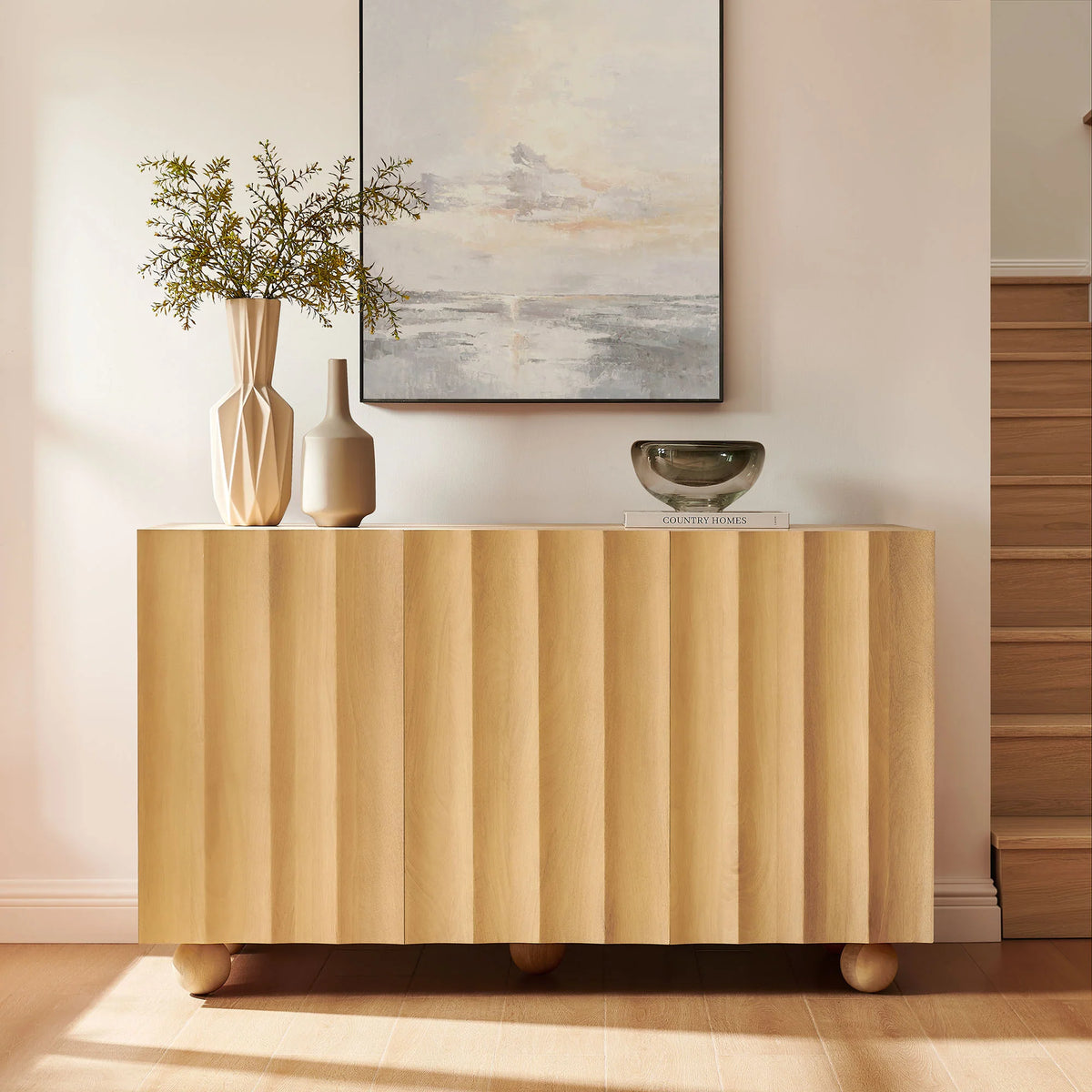 Sorren 54 Inch Scalloped Wood 3‑Door Sideboard
