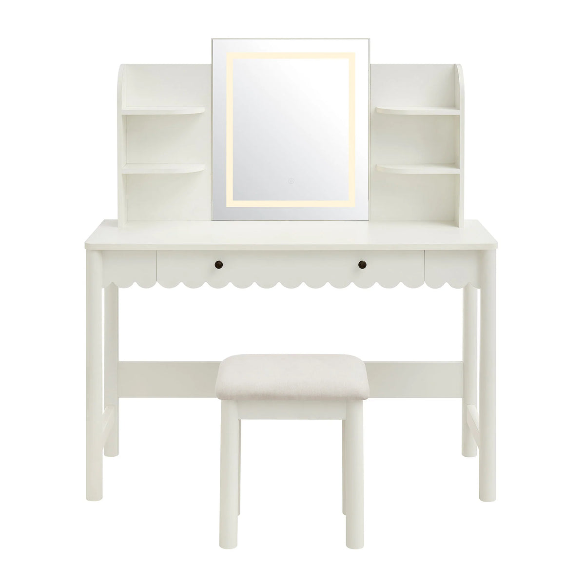 Emmeline Scalloped Makeup Vanity Desk with LED Mirror and Stool