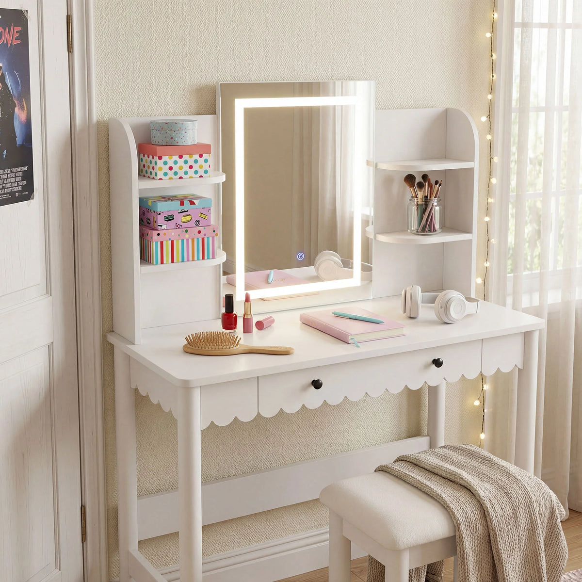 Emmeline Scalloped Makeup Vanity Desk with LED Mirror and Stool