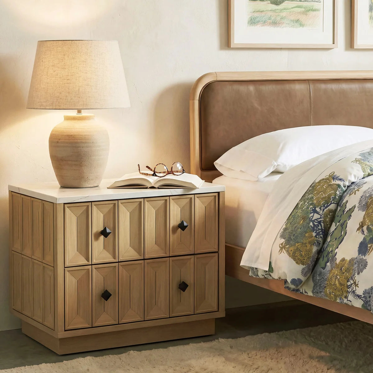 Mabry 23 Inch Geometric Faceted Two‑Drawer Nightstand