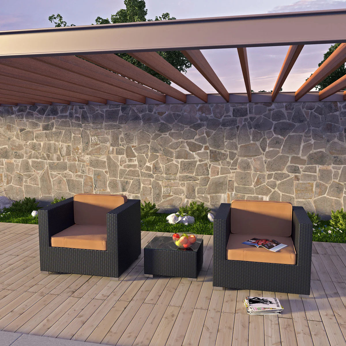 Burrow Outdoor Rattan 3-Piece Sofa Set with Tempered Glass Coffee Table & UV-Resistant Cushions β Stylish and Durable Patio Furniture