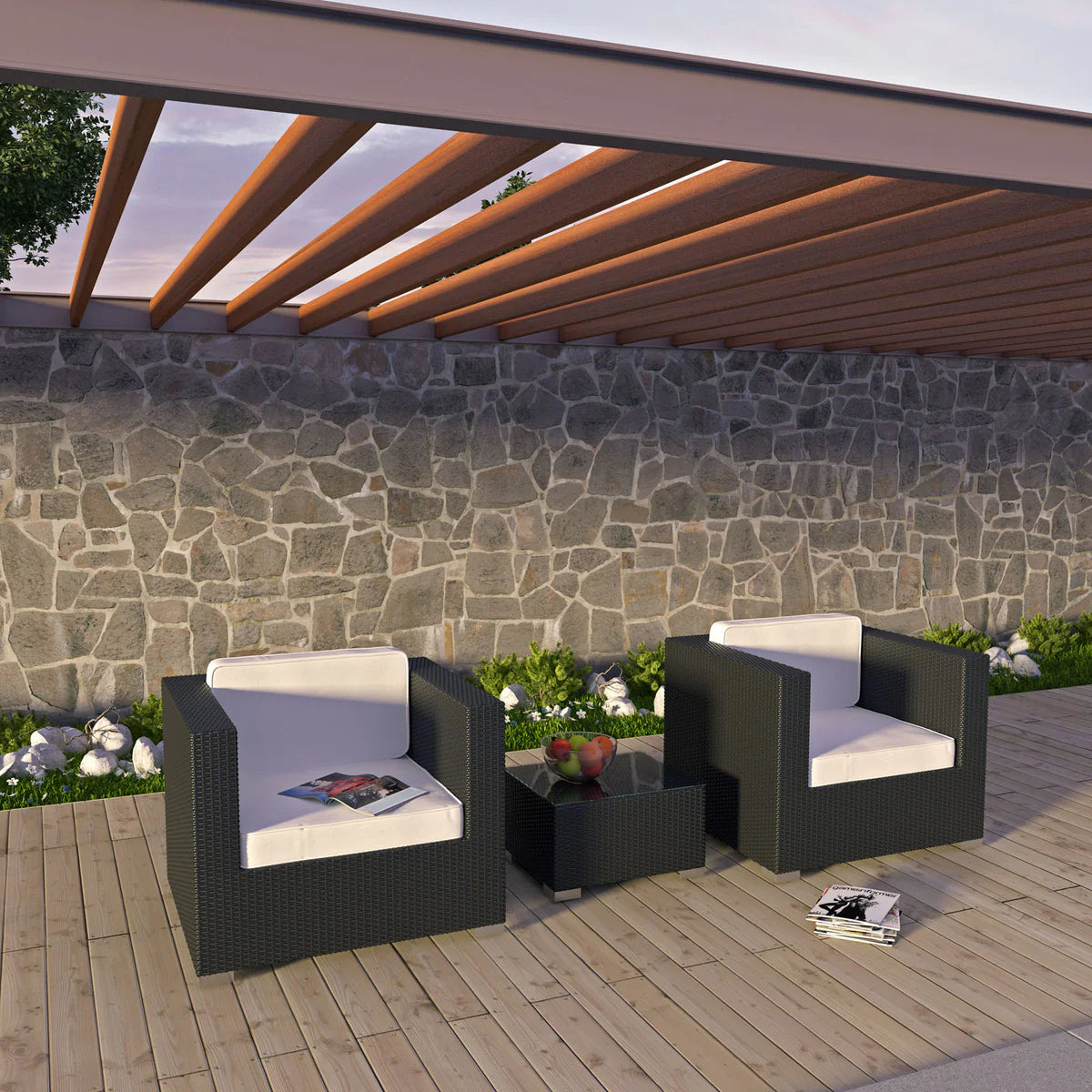 Burrow Outdoor Rattan 3-Piece Sofa Set with Tempered Glass Coffee Table & UV-Resistant Cushions β Stylish and Durable Patio Furniture