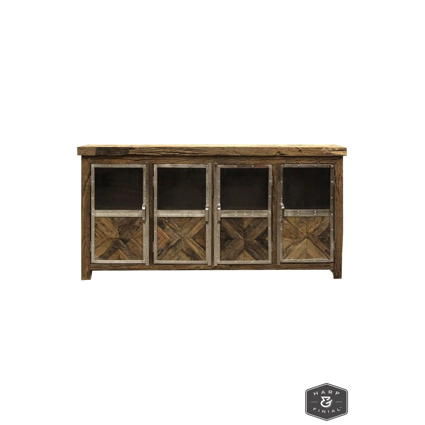 Ayers Sideboard | Reclaimed Railroad Tie Wood with Clear Glass and Chrome Finish on Metal Trim | 4-Door β A Unique Blend of Rustic and Modern Elegance