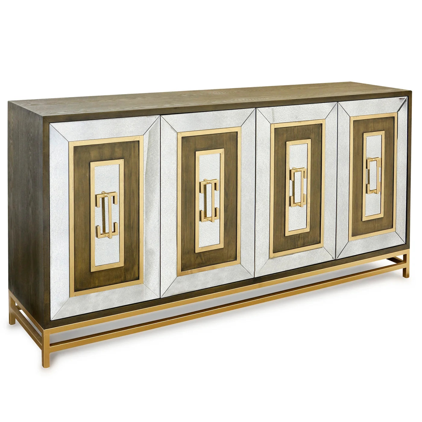 Jamison Sideboard | Dark Walnut Finish on Hardwood with Antique Mirror and Antique Brass Metal | 4-Door β Timeless Elegance for Dining Rooms and Living Spaces