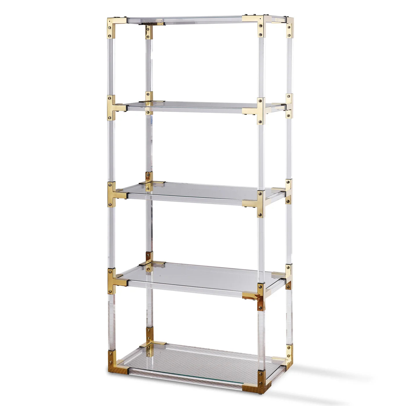 Rani Bookcase - Large | Acrylic and Clear Glass with Brass Finish on Metal β Elegant and Modern Storage for Stylish Interiors