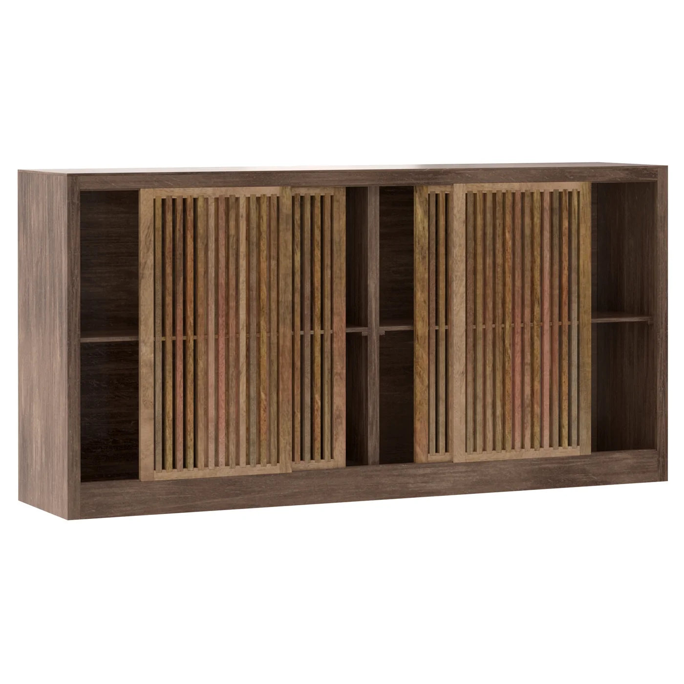 Watson Sideboard β Natural Finish with Sliding Slat Doors and Gray Finish on Mango Wood, 4 Door Design