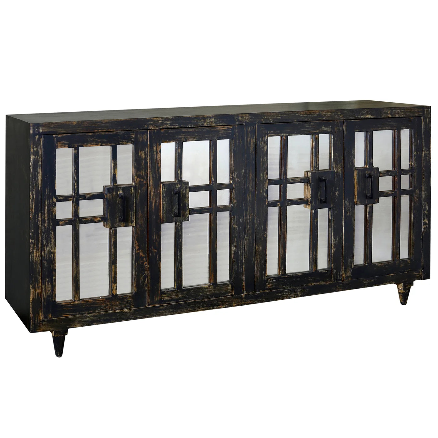 Rourke Sideboard | Matte Black Finish on Mango Wood with Antique Mirror | 4-Door β Stylish and Functional Storage for Modern Interiors