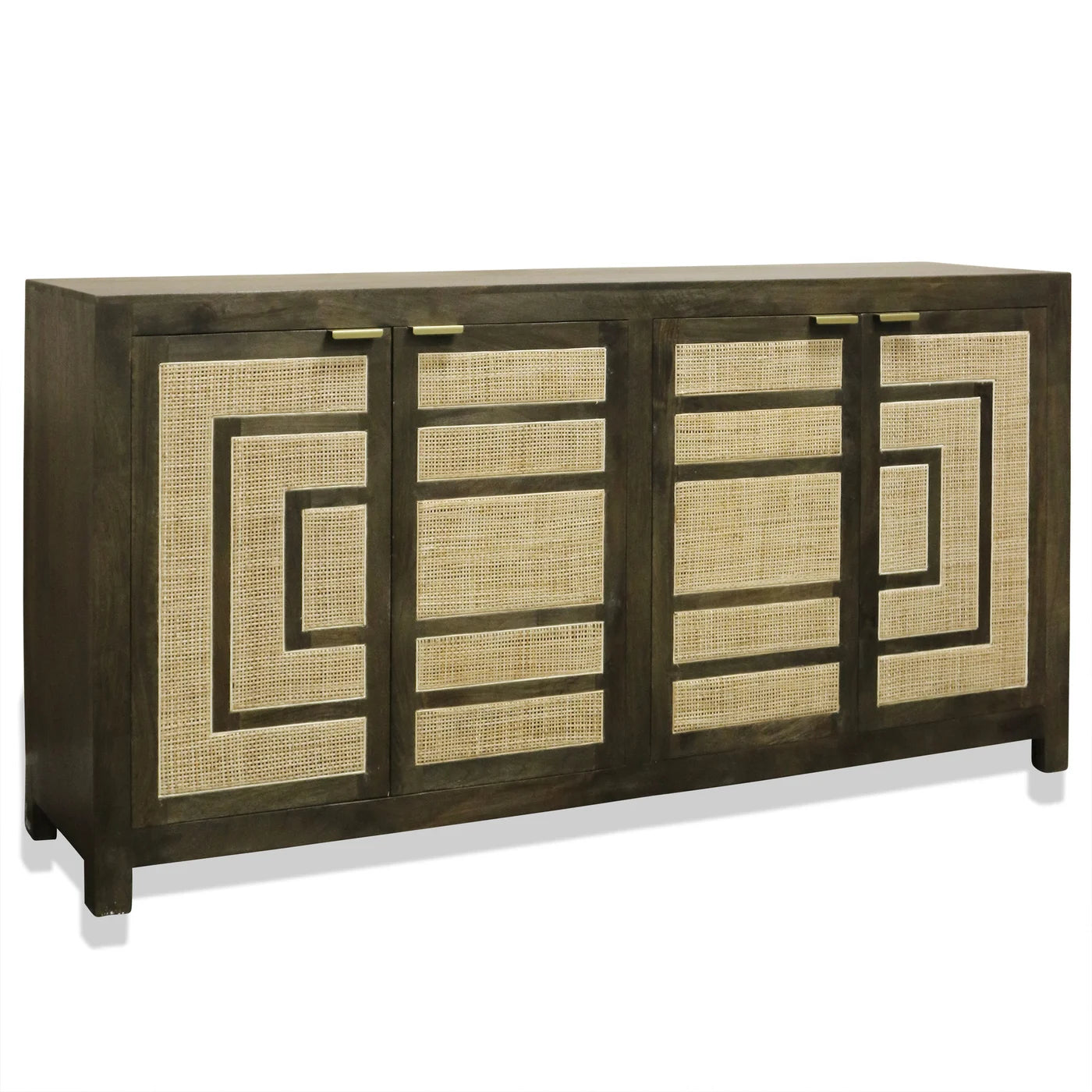 Spencer Sideboard β Matte Gray Finish on Mango Wood with Natural Rattan Doors, 4 Door Design