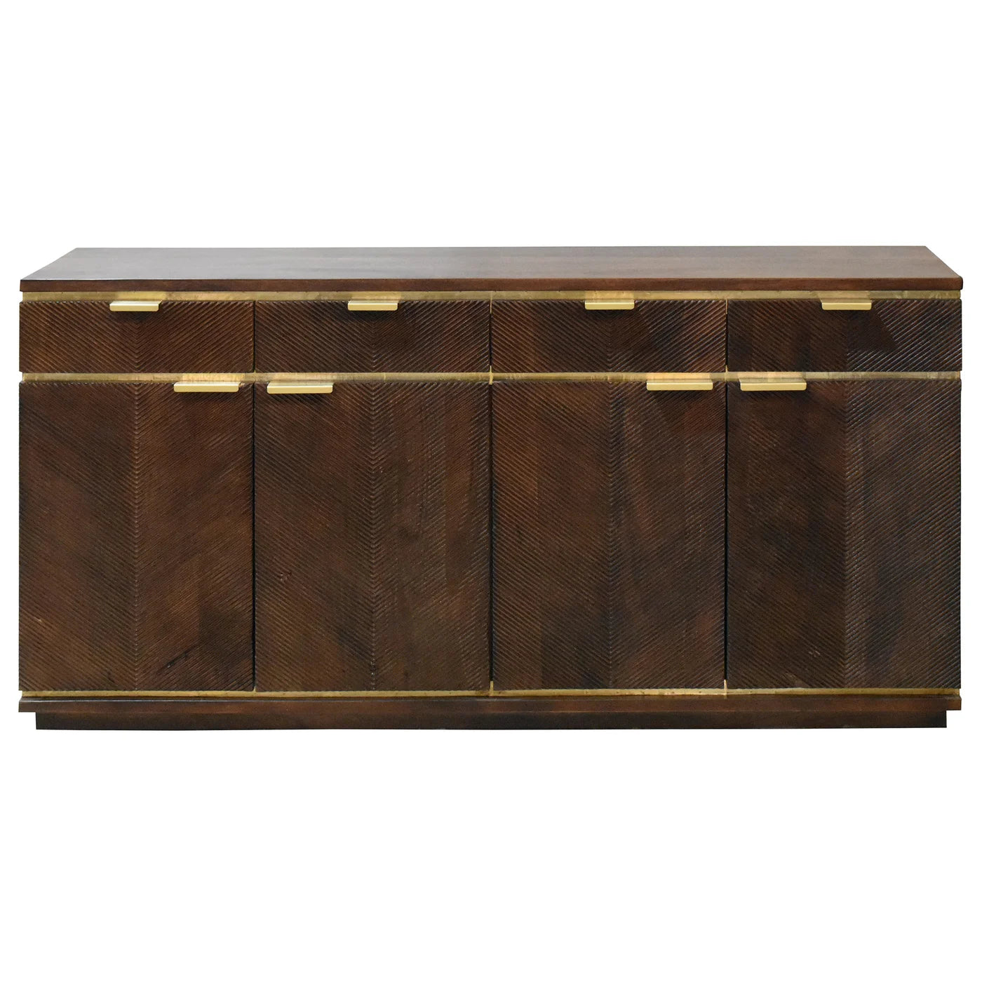 Rocha Sideboard – Dark Walnut Finish on Mango Wood with Brass Hardware, 4 Drawer 4 Door Design