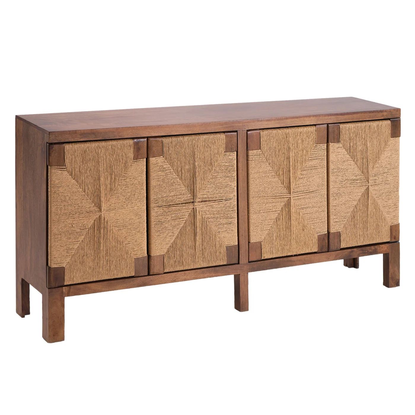 Caley Sideboard β Walnut Finish Mango Wood with Rattan Woven Doors, 4 Door Design