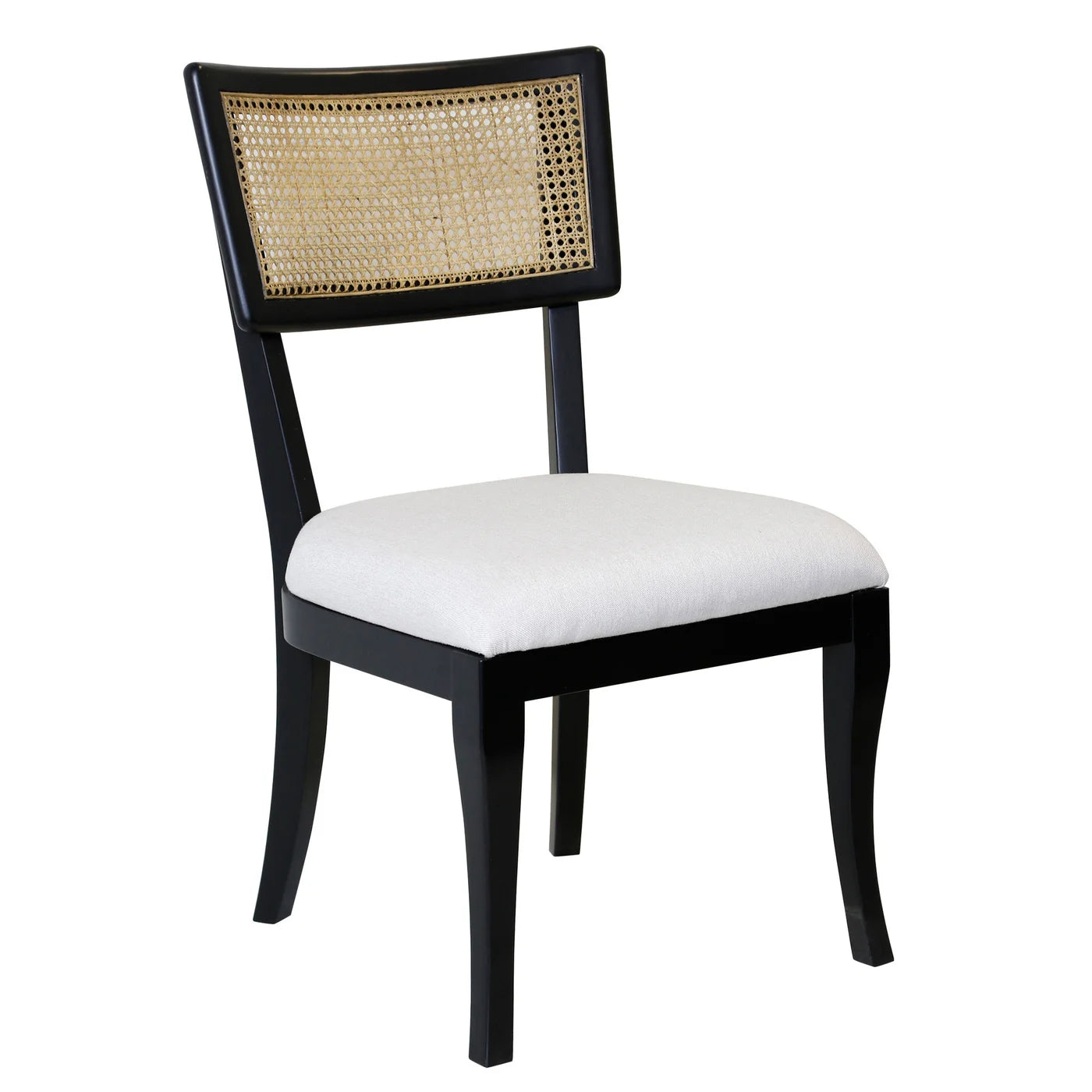Thiago Dining Chair Set of 2 – Natural Rattan Back, Cream Linen Seat & Black Mahogany Wood