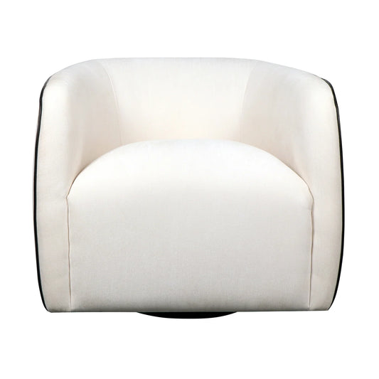 Colsum Swivel Chair in Cream Distressed Velvet Fabric with Black Piping on Hardwood Frame