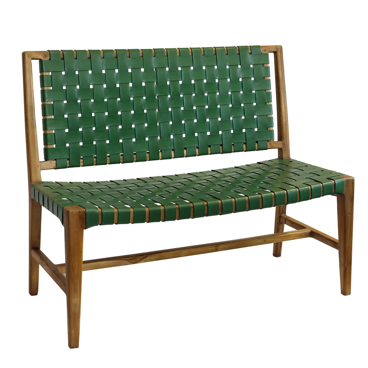 Adams Bench Woven Olive Leather Solid Wood Frame