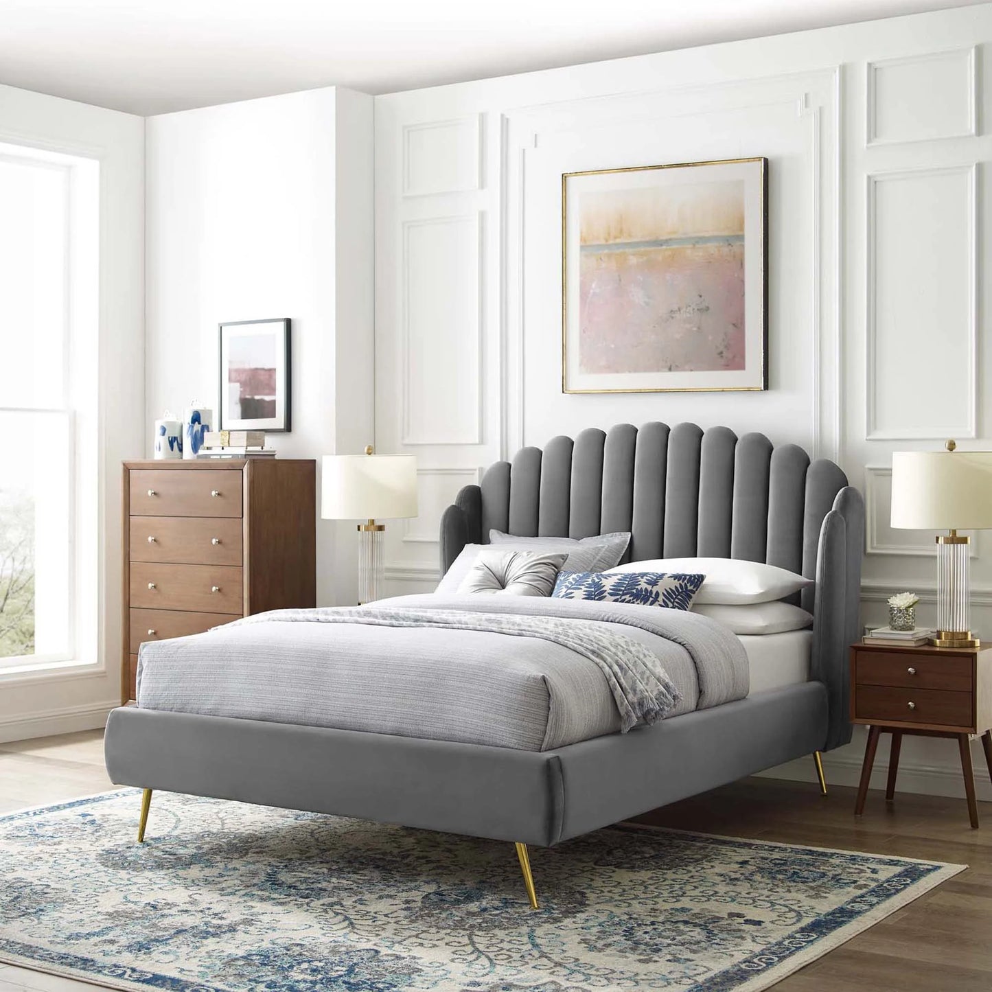 Lana Performance Velvet Queen Wingback Platform Bed β Elegant Upholstered Headboard Design