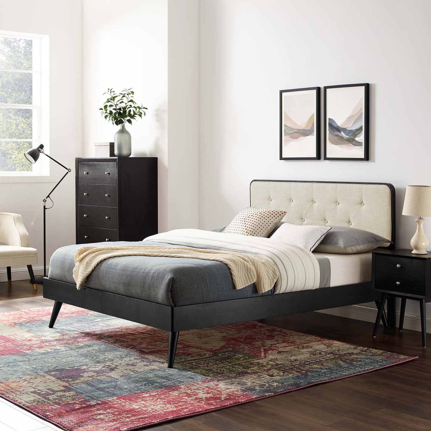 Bridgette Wood Queen Platform Bed – Mid-Century Modern Frame with Splayed Legs and Natural Finish