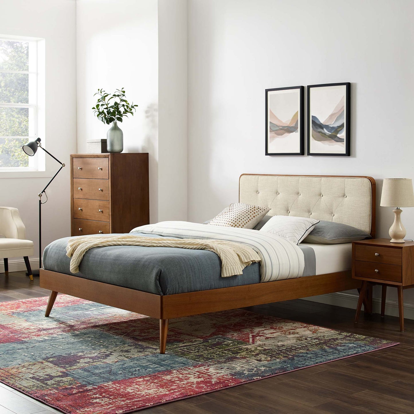 Bridgette Wood Queen Platform Bed – Mid-Century Modern Frame with Splayed Legs and Natural Finish