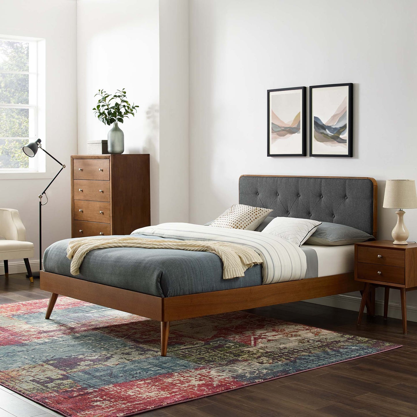Bridgette Wood Queen Platform Bed – Mid-Century Modern Frame with Splayed Legs and Natural Finish